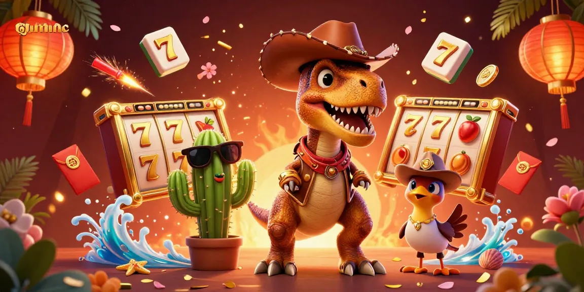 Experience the exciting world of gmnc as a cartoon T-Rex and friends engage in vibrant gambling elements.