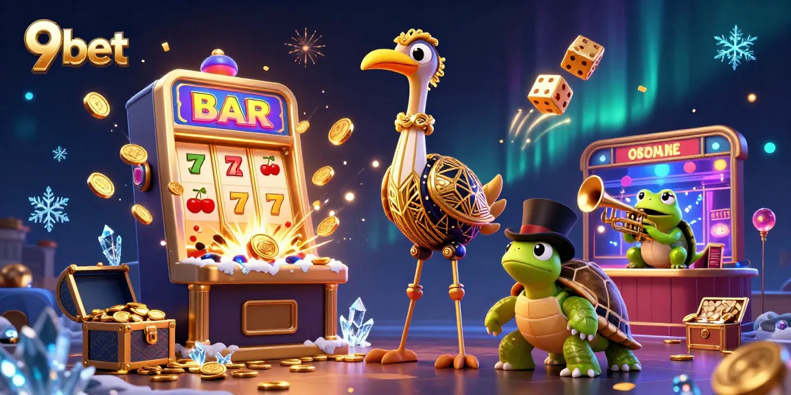 Experience the excitement of 9bet with vibrant casino characters and winning symbols in a dynamic 3D scene.