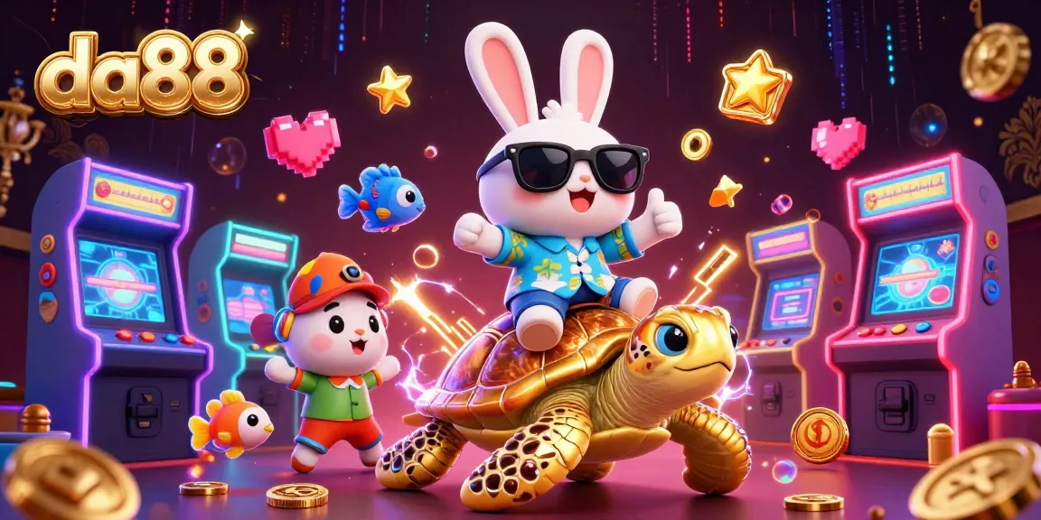 da88 features a lucky rabbit and sea turtle in a vibrant casino scene, celebrating gaming joy.