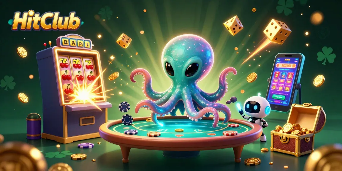 HitClub showcases an alien octopus at a holographic poker table surrounded by dazzling slot machines and treasure.