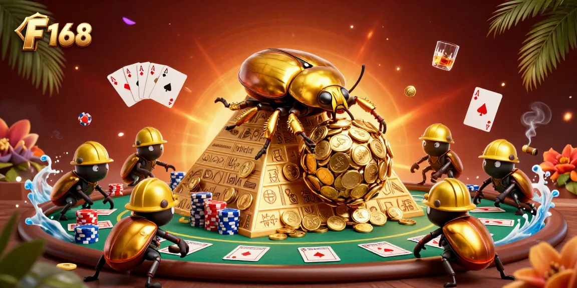 Experience the thrills at F 168 with a vibrant casino illustration packed with gold coins and poker elements.