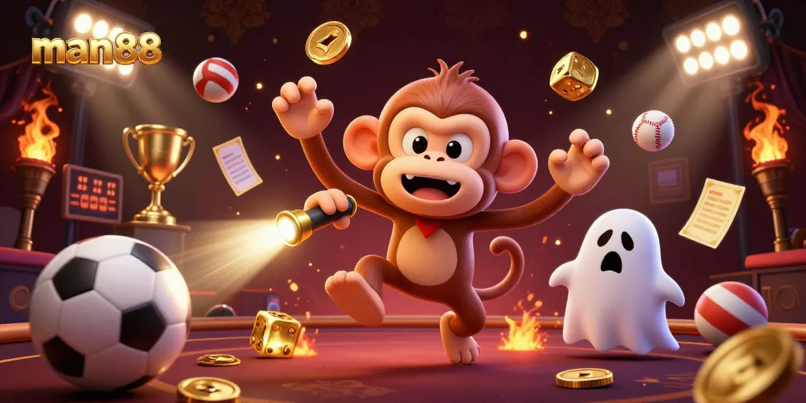 Experience thrilling gaming with man88 as a mischievous monkey juggles golden coins in a captivating casino.