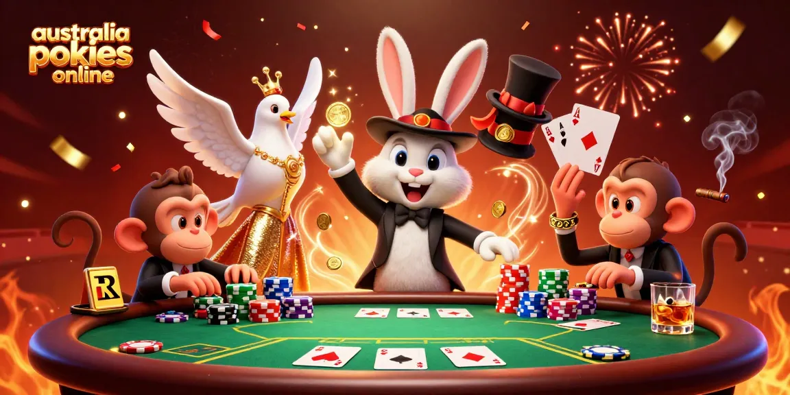 Experience the thrill of australia pokies online as a magician rabbit casts coins and playful characters in a vibrant casino scene.
