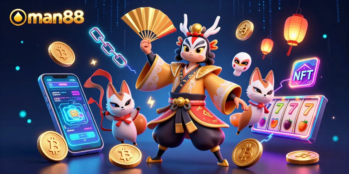 man88 illustrates a kabuki warrior in a vibrant casino scene showcasing slot games and cryptocurrency elements.