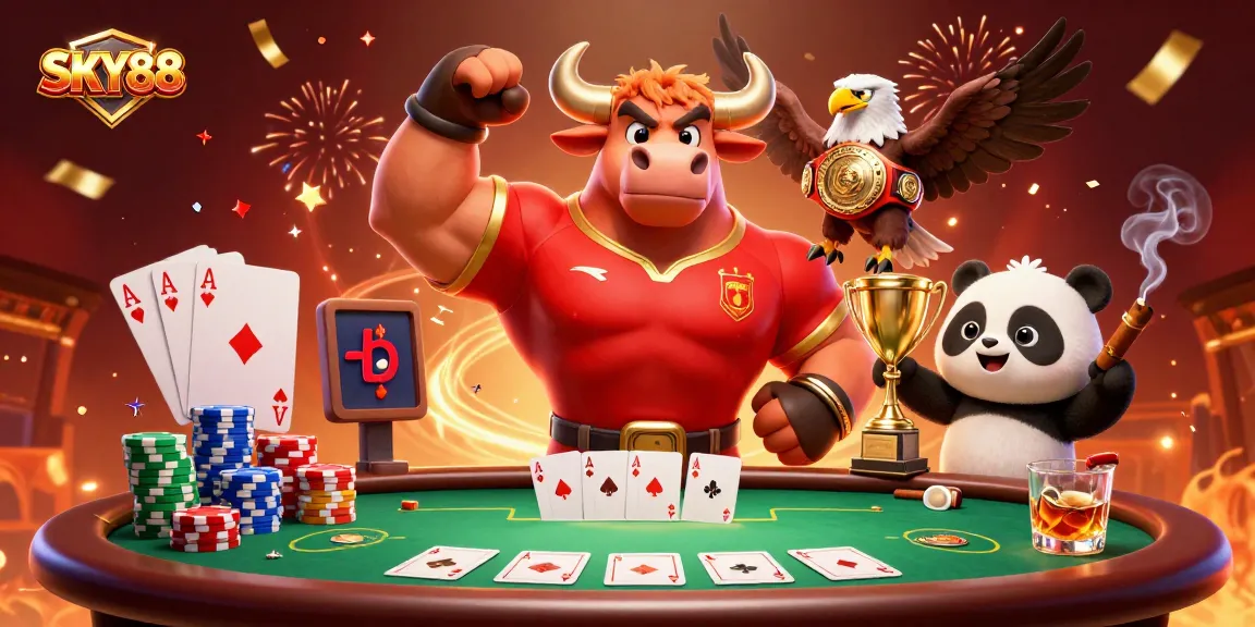 Engage in thrilling poker action at SKY88 with vibrant characters, cards, and festive elements.