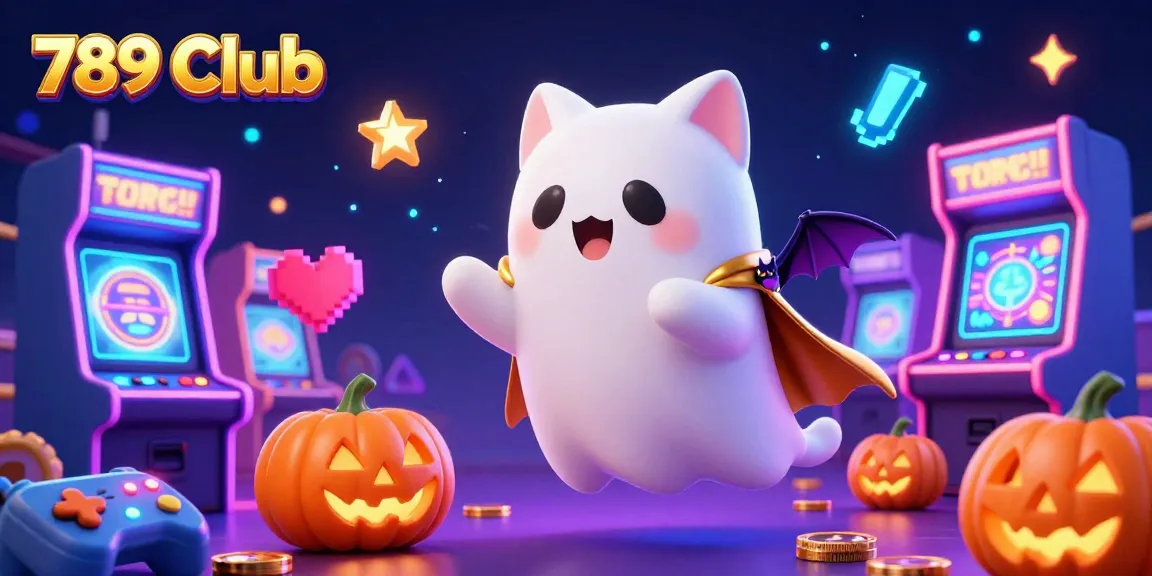Experience the thrill at 789 Club with vibrant 3D illustrations featuring a ghost cat and casino elements.