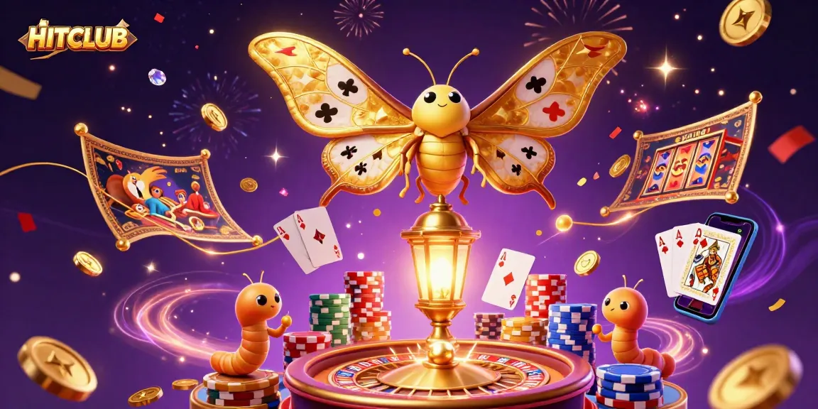 Experience the excitement of HITCLUB as the 3D cartoon atlas moth and friends celebrate winning with golden coins and casino games.