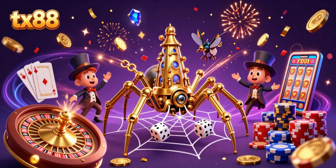 Engage with tx88 to win big in this vibrant casino illustration featuring a steampunk spider.