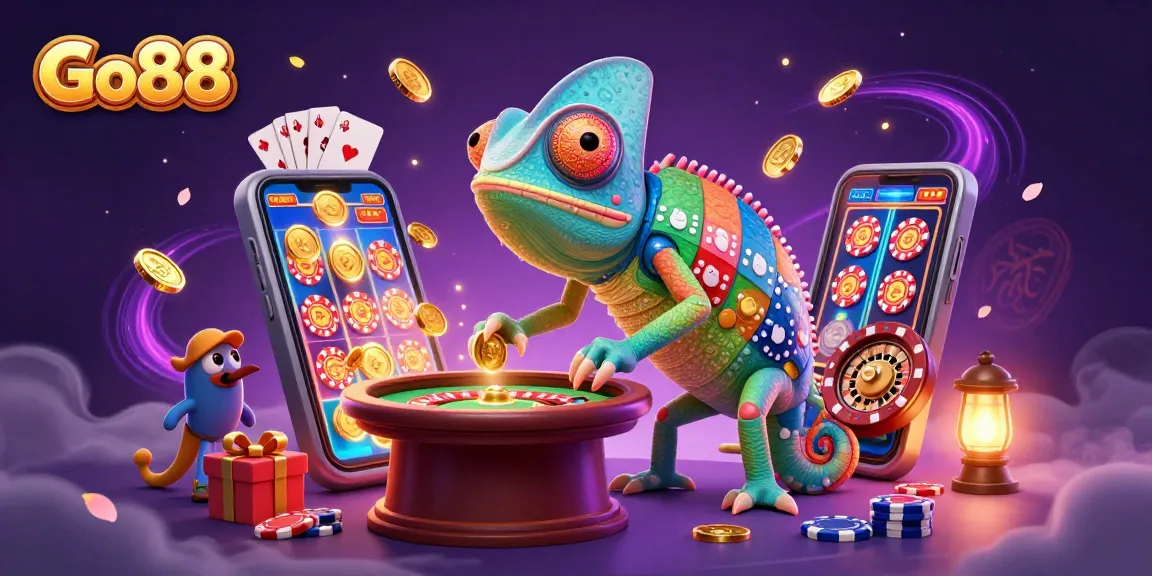 Experience thrilling gaming at Go88, featuring a vibrant chameleon casino owner amidst dynamic gambling elements