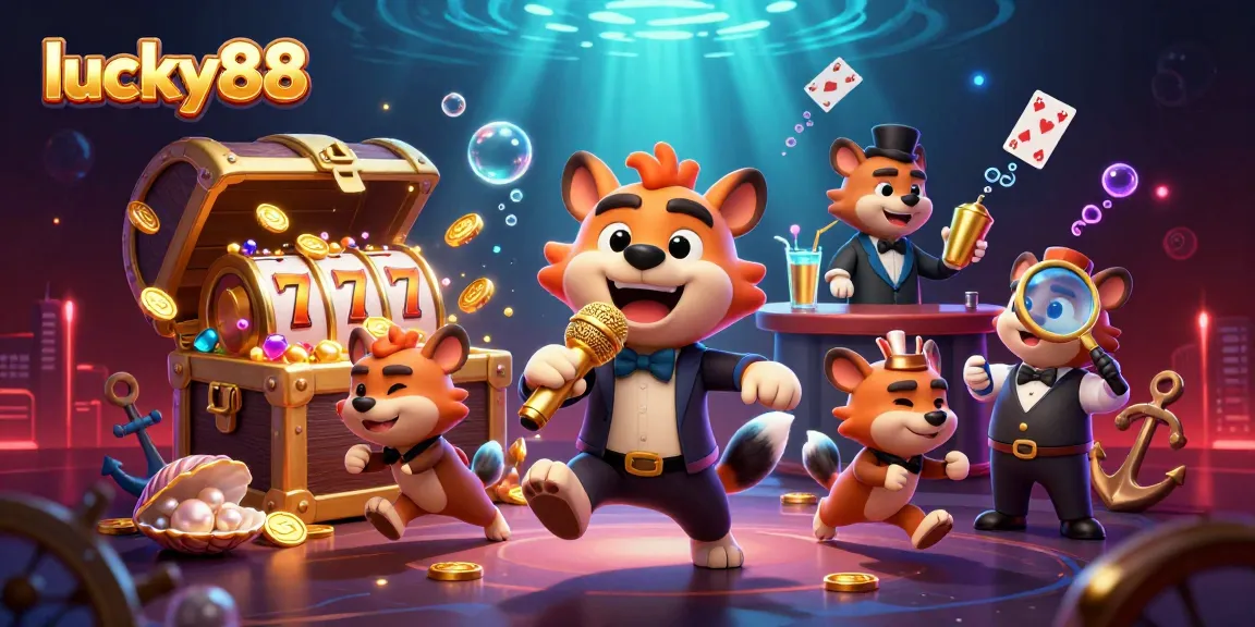 Engage with lucky88's lively comedy casino scene featuring animated hyenas in a vibrant underwater setting.