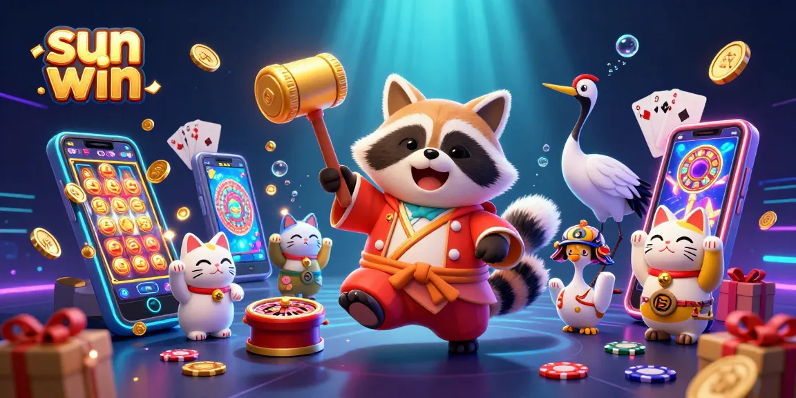 Engage with exciting slot games at sun win featuring a lucky tanuki, vibrant colors, and dynamic casino elements.