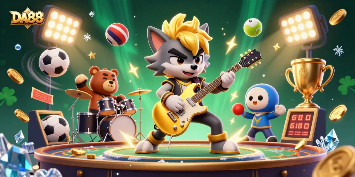 DA88 showcases thrilling action with sports-themed characters amidst vibrant casino elements.