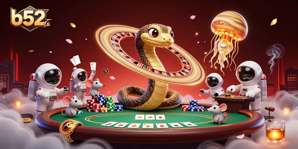 Bets fly around the cosmic 3D b52club scene featuring poker elements and unique characters.